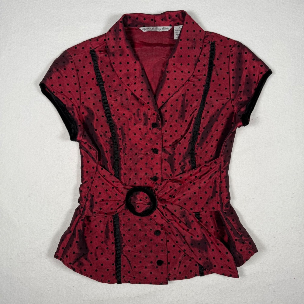 Signature by Larry Levine Burgundy Polka Dot Belted Blouse Top Small